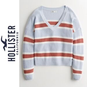 HOLLISTER Preppy Oversized Chunky Knit Striped V-Neck Pullover Sweater, Size L